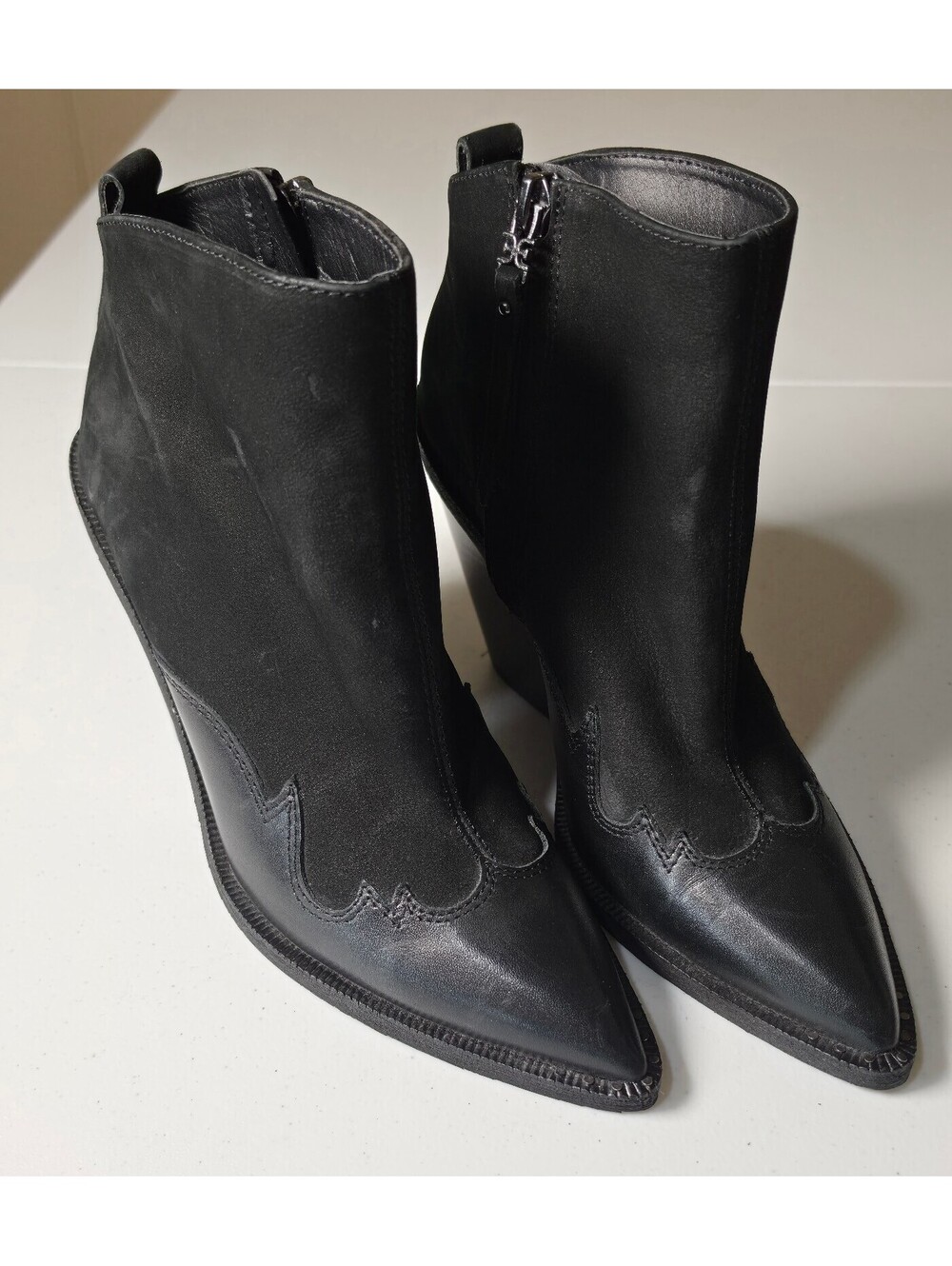 Sam Edelman Black Suede Western Ankle Boots with Pointed Toe and Block Heel
